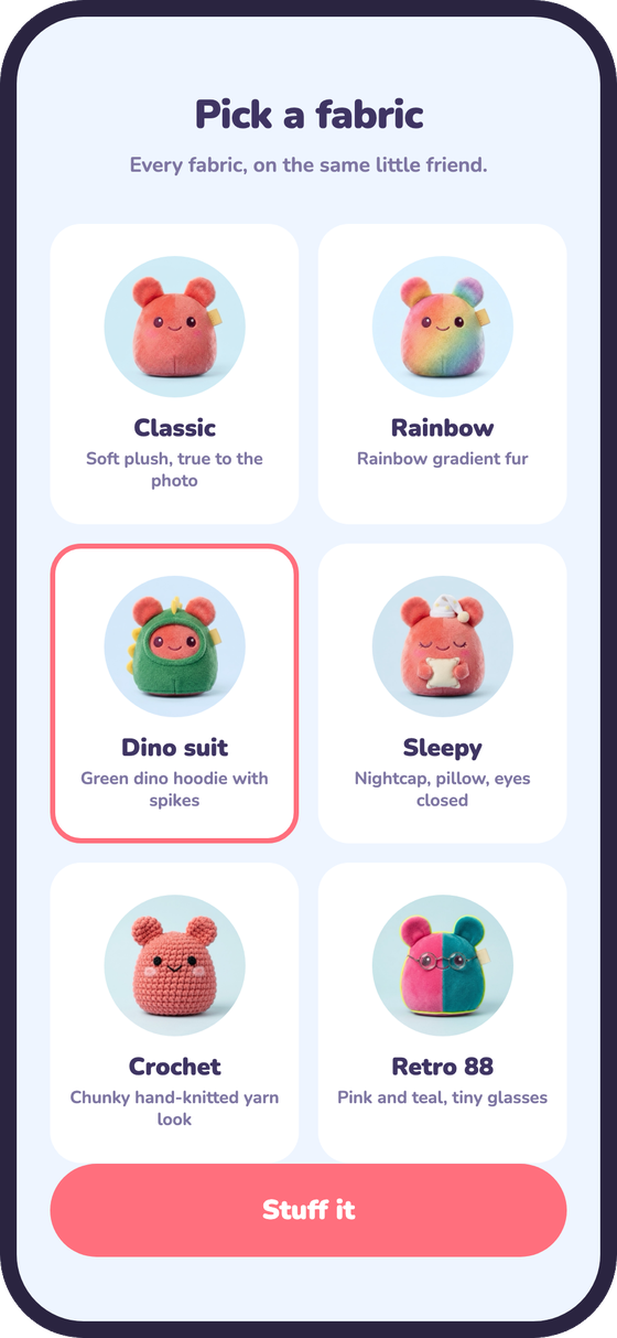 A grid of six fabrics to choose from